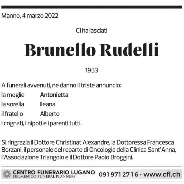 Annuncio funebre Brunello Rudelli