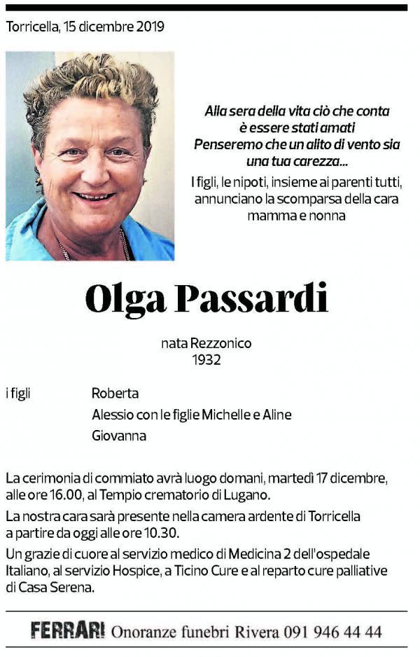 Annuncio funebre Olga Passardi