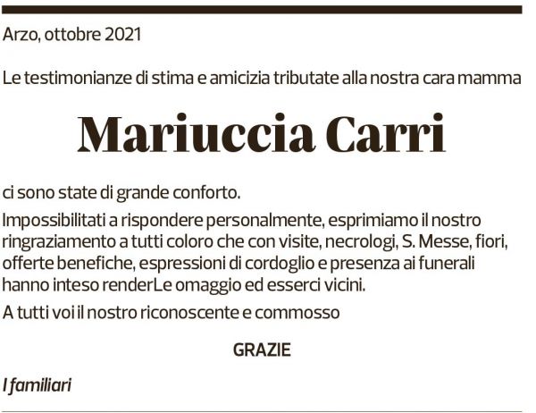 Annuncio funebre Mariuccia Carri