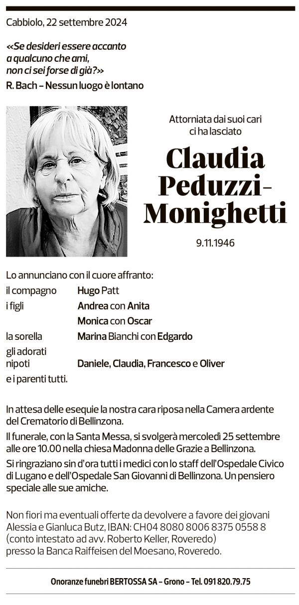 Annuncio funebre Claudia Peduzzi-monighetti