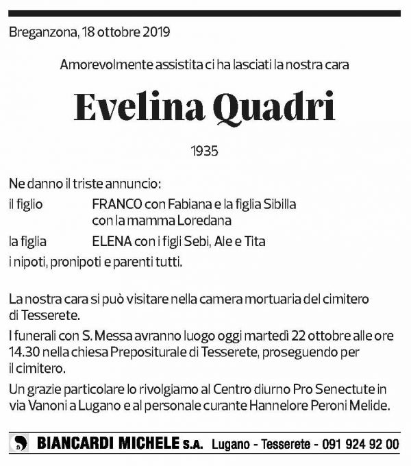 Annuncio funebre Evelina Quadri