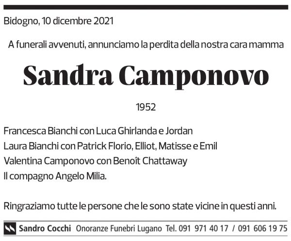 Annuncio funebre Sandra Camponovo