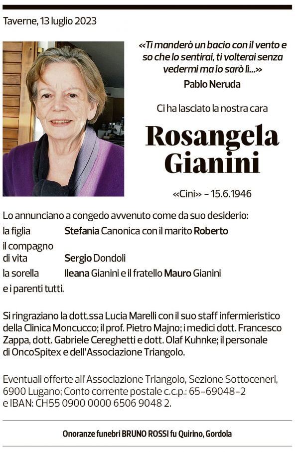 Annuncio funebre Rosangela Gianini