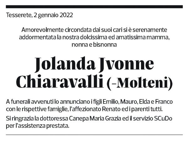 Annuncio funebre Jolanda Jvonne Chiaravalli (-molteni)