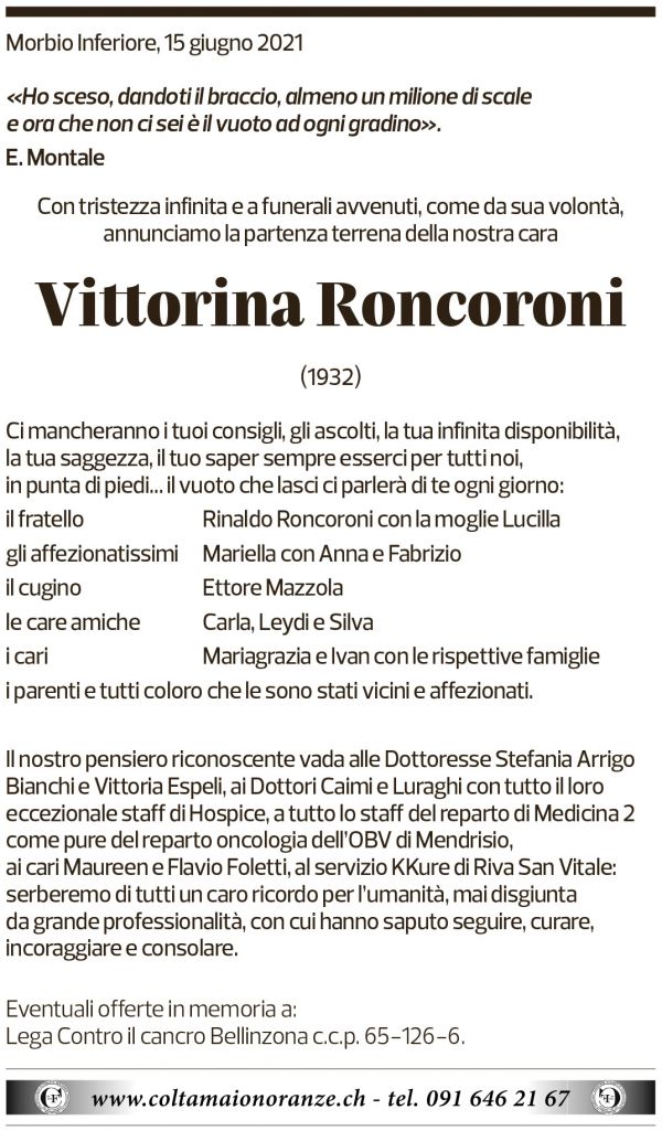 Annuncio funebre Vittorina Roncoroni