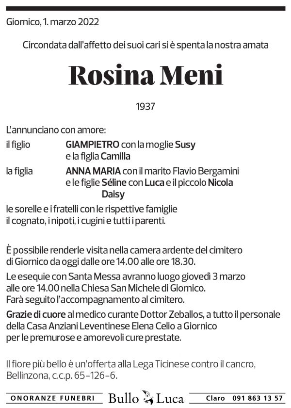 Annuncio funebre Rosina Meni