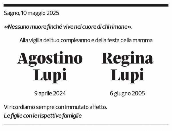 Annuncio funebre Agostino Lupi Regina Lupi