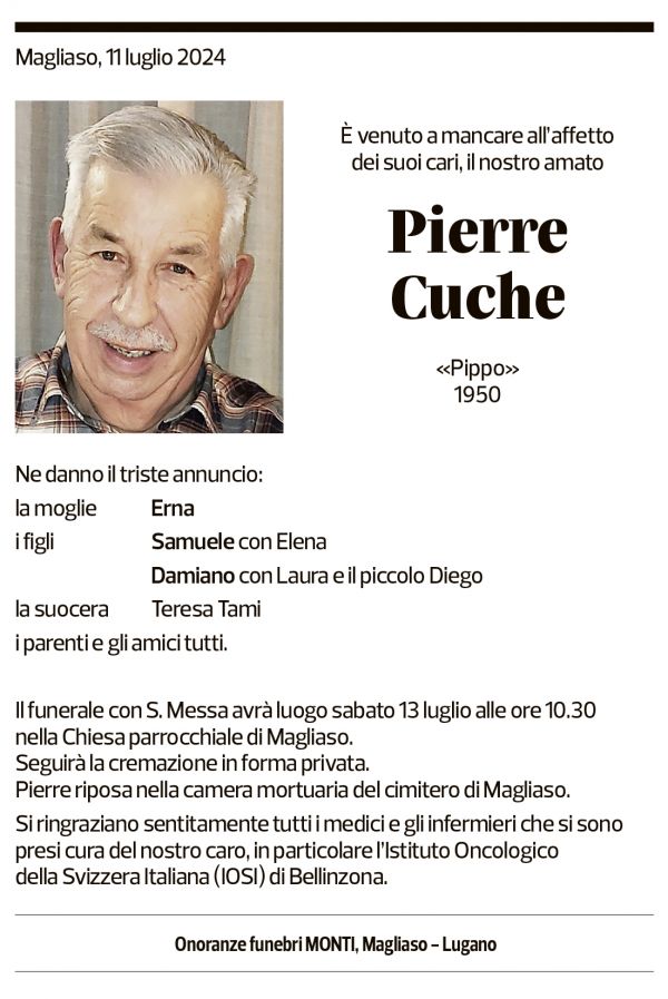 Annuncio funebre Pierre Cuche