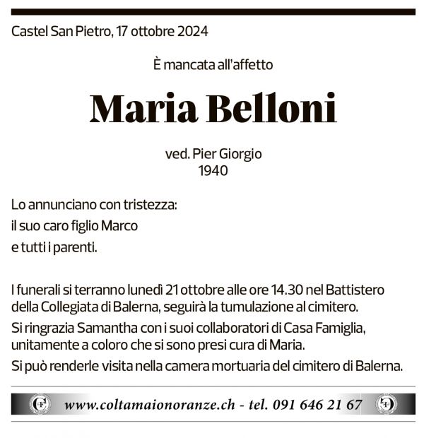 Annuncio funebre Maria Belloni