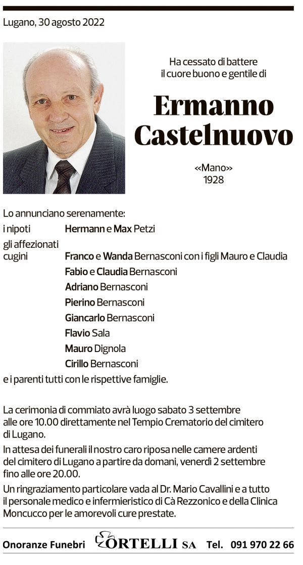 Annuncio funebre Ermanno Castelnuovo