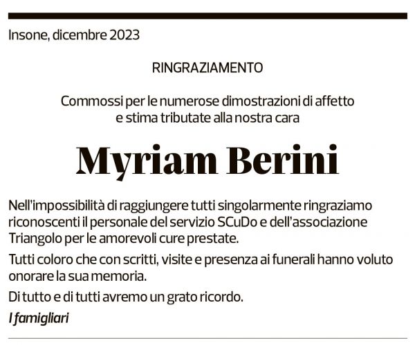 Annuncio funebre Myriam Berini