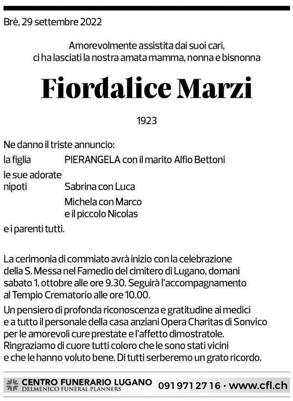 Annuncio funebre Fiordalice Marzi