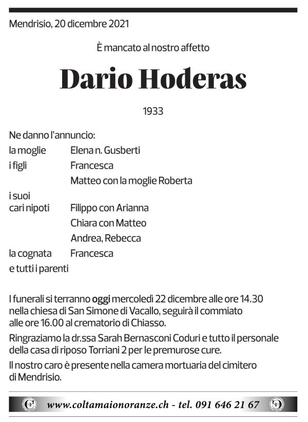 Annuncio funebre Dario Hoderas