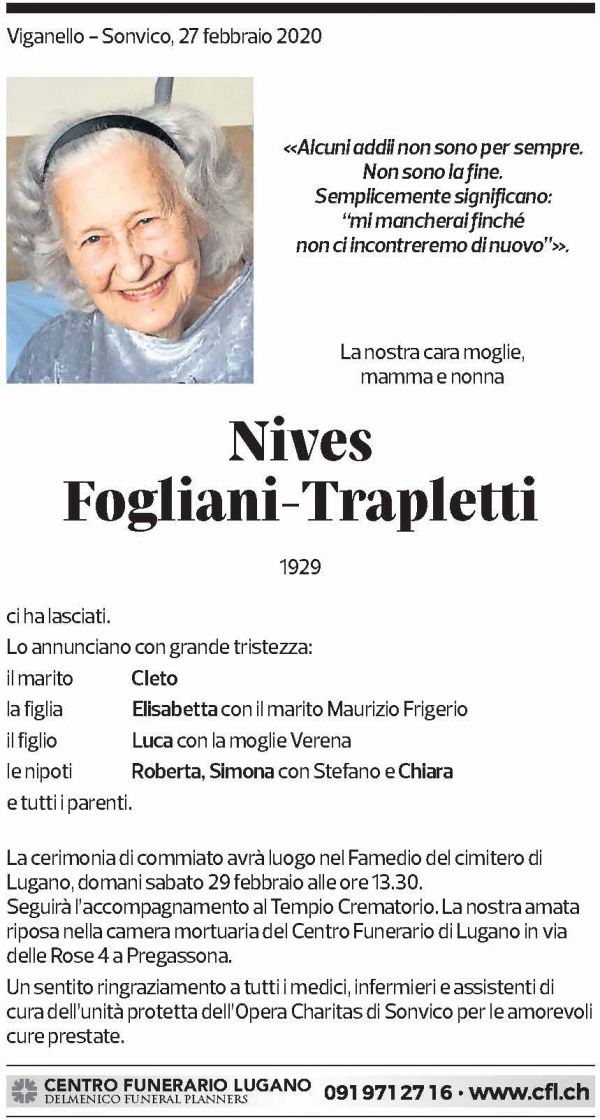 Annuncio funebre Nives Fogliani-trapletti