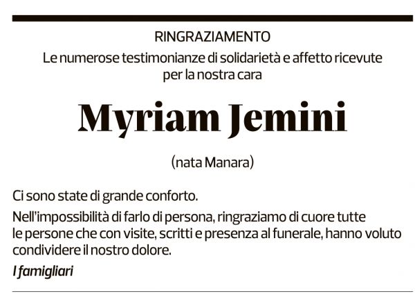 Annuncio funebre Myriam Jemini