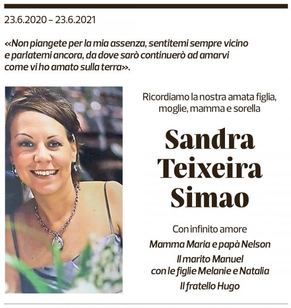 Annuncio funebre Sandra Teixeira Simao