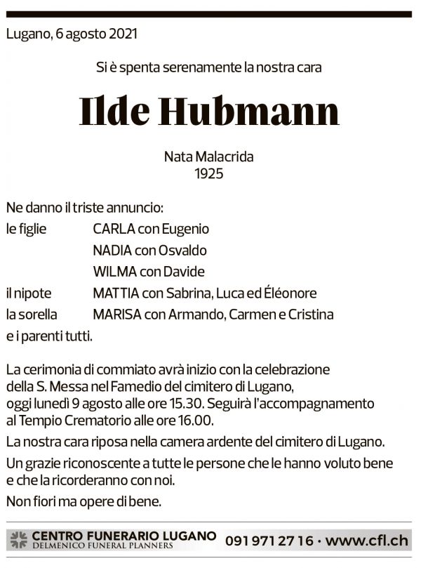 Annuncio funebre Ilde Hubmann