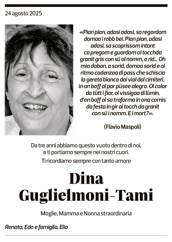 Annuncio funebre Dina Guglielmoni-tami