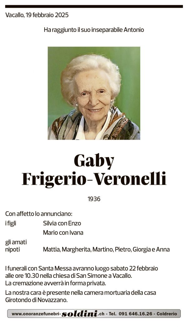 Annuncio funebre Gaby Frigerio-veronelli