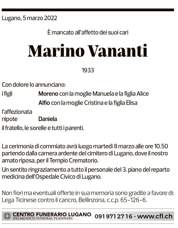 Annuncio funebre Marino Vananti