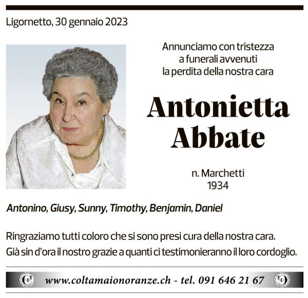 Annuncio funebre Antonietta Abbate