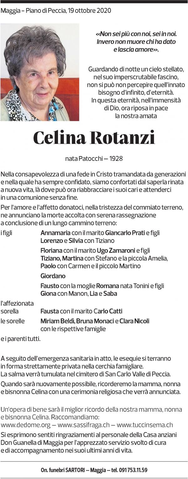Annuncio funebre Celina Rotanzi