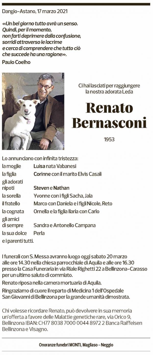 Annuncio funebre Renato Bernasconi