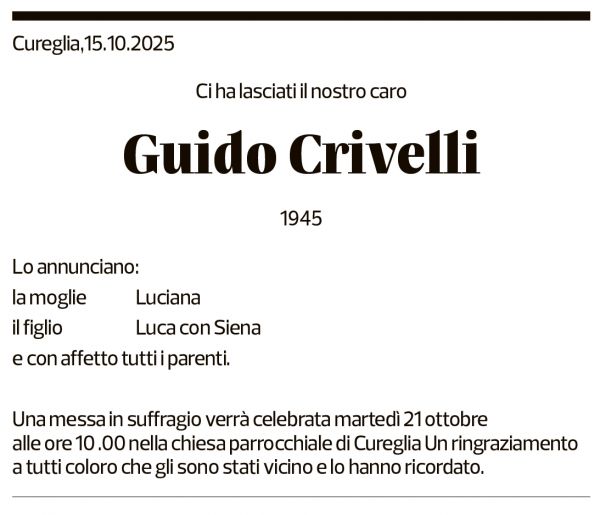 Annuncio funebre Guido Crivelli