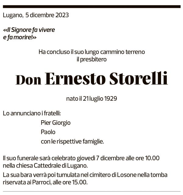 Annuncio funebre Mons. Ernesto Storelli