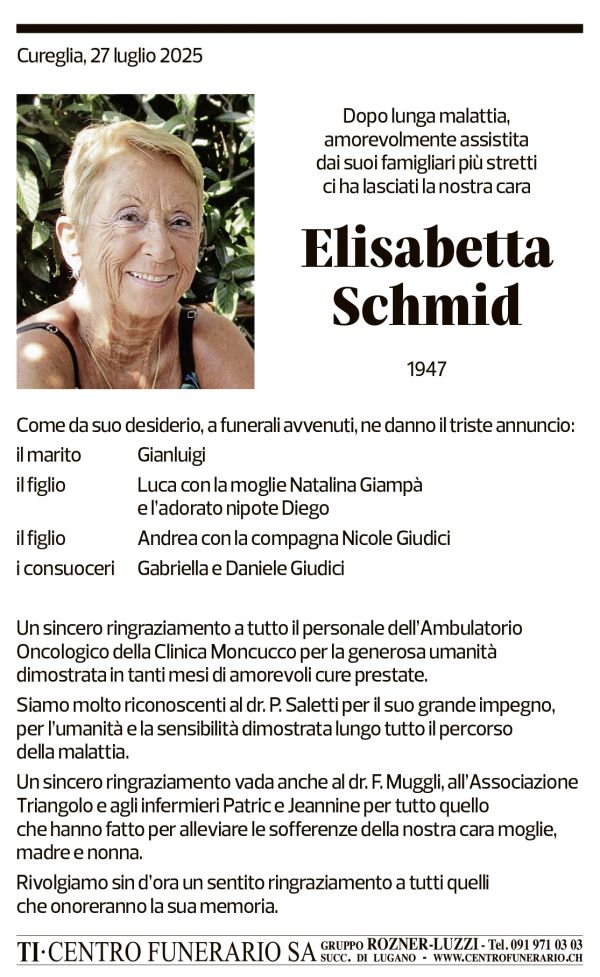 Annuncio funebre Elisabetta Schmid