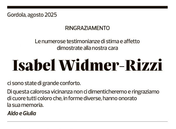 Annuncio funebre Isabel Widmer-rizzi