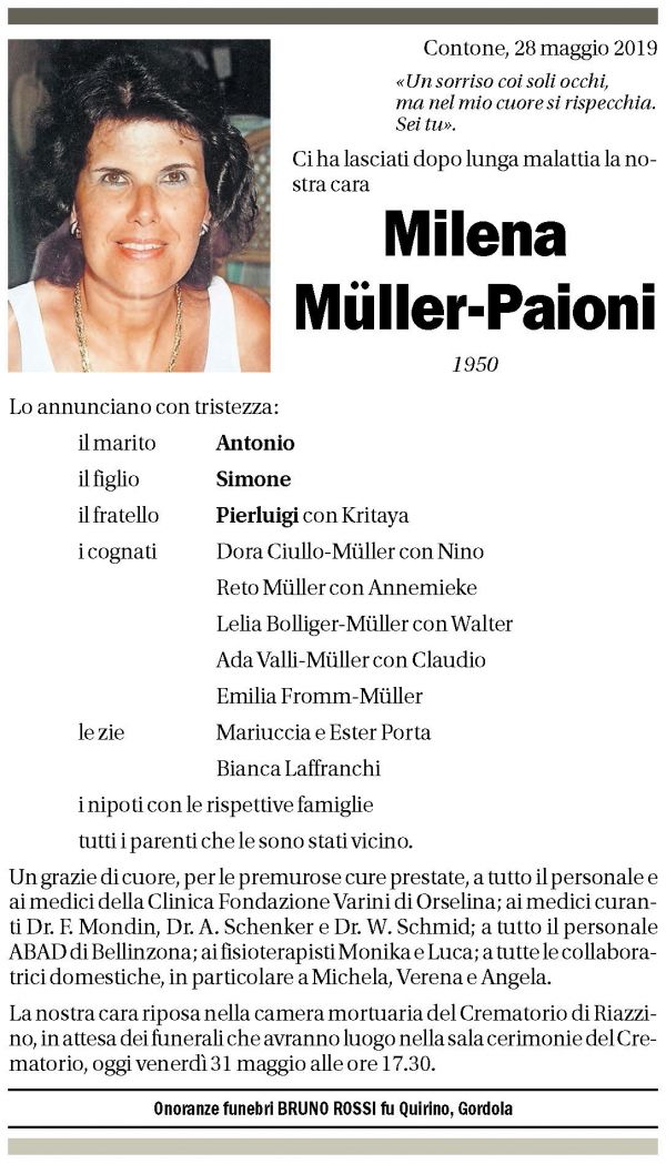 Annuncio funebre Milena Müller-paioni