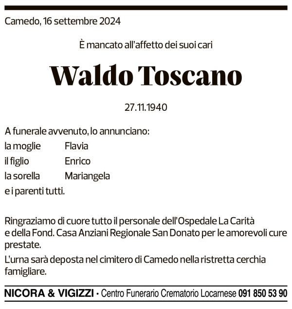 Annuncio funebre Waldo Toscano