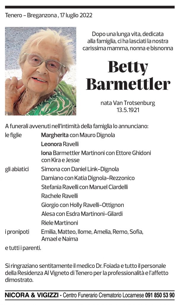 Annuncio funebre Betty Barmettler