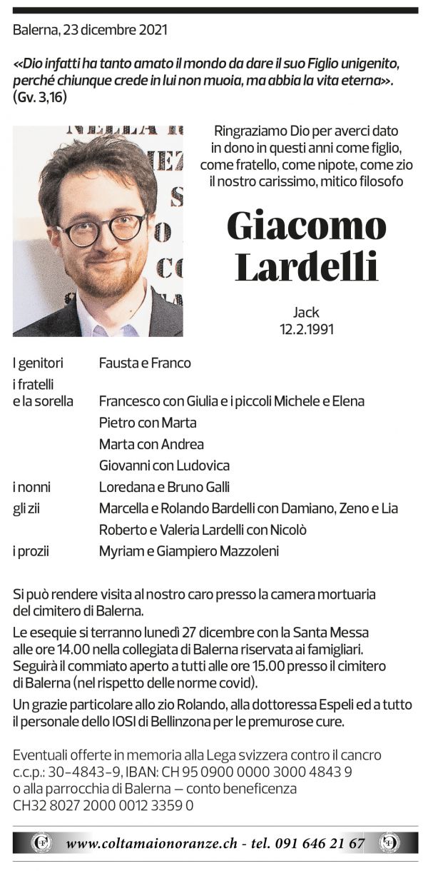 Annuncio funebre Giacomo Lardelli