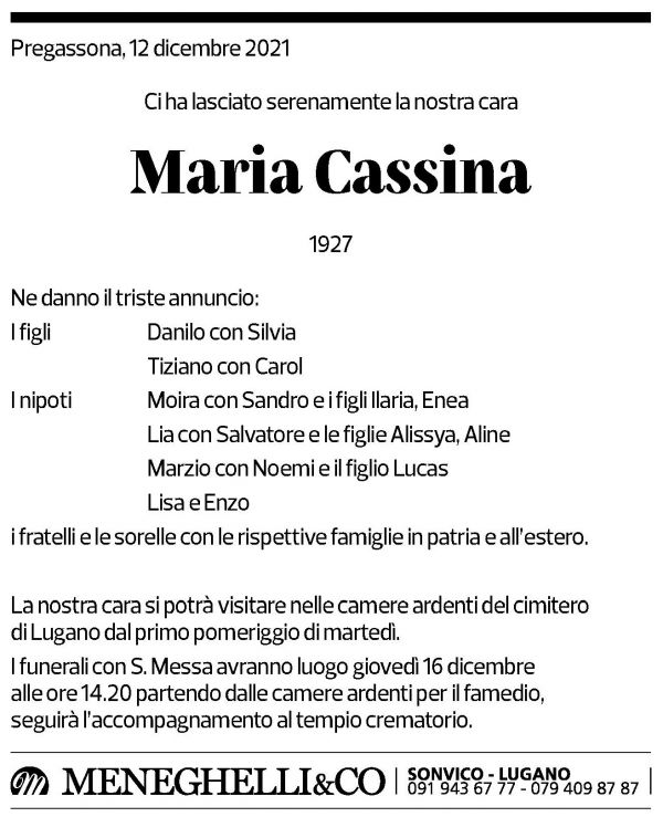 Annuncio funebre Maria Cassina