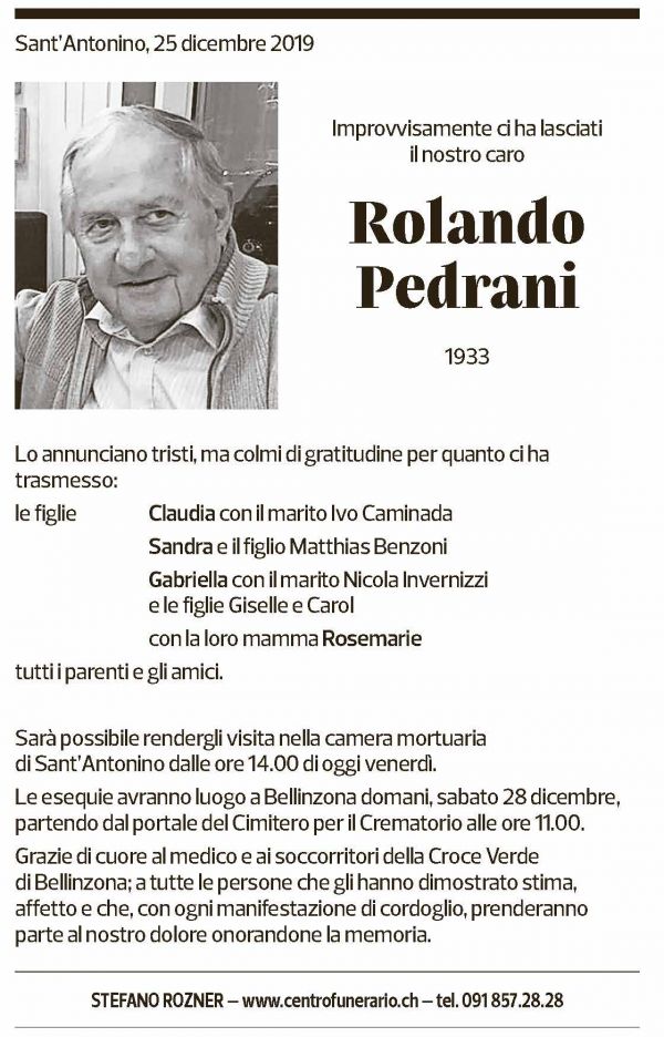 Annuncio funebre Rolando Pedrani