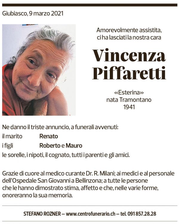 Annuncio funebre Vincenza Piffaretti