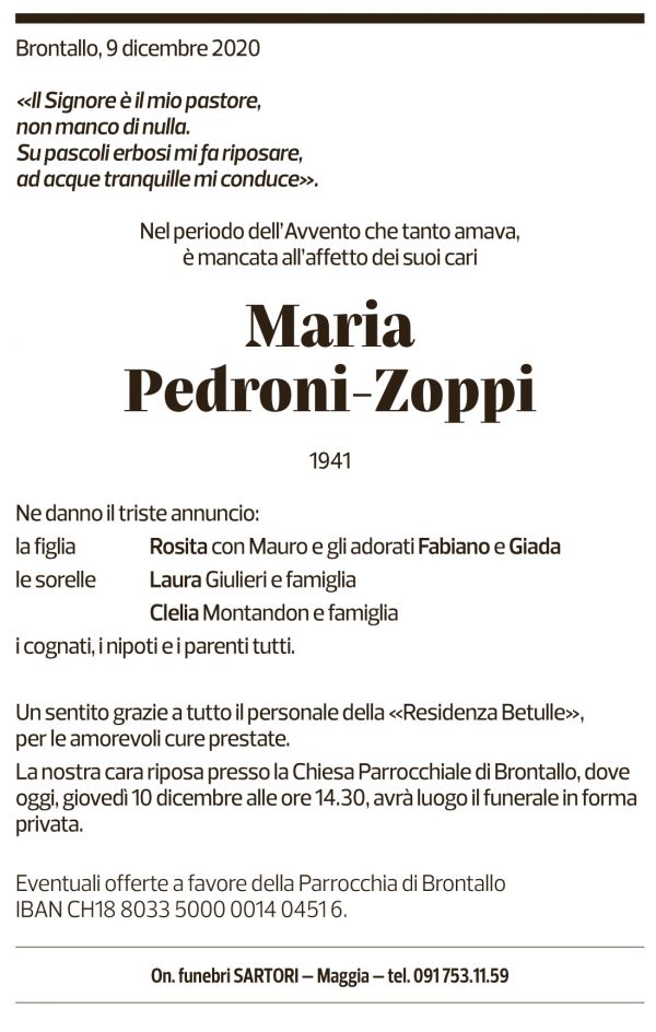 Annuncio funebre Maria Pedroni-zoppi
