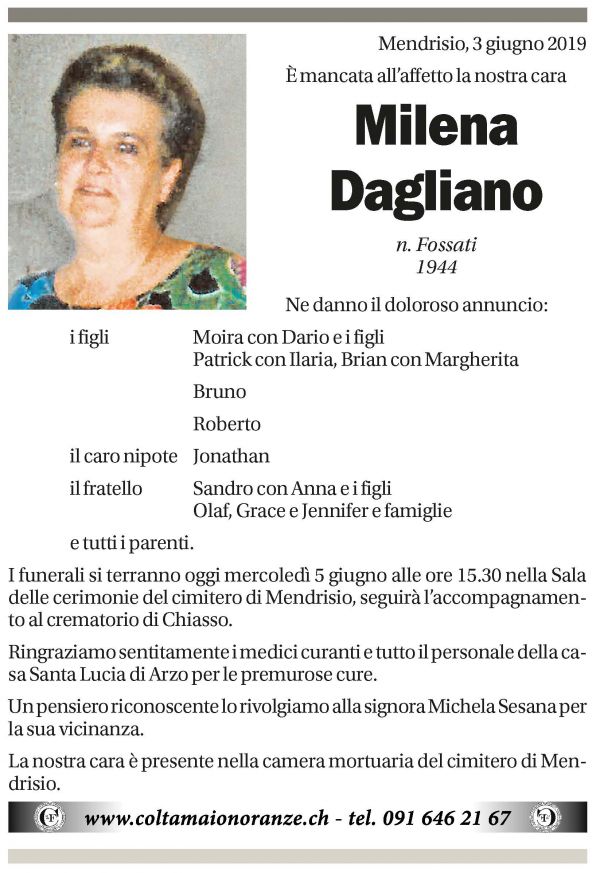 Annuncio funebre Milena Dagliano