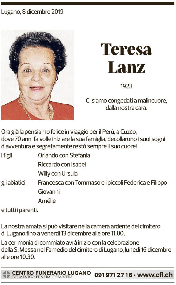 Annuncio funebre Teresa Lanz