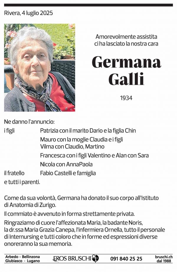 Annuncio funebre Germana Galli
