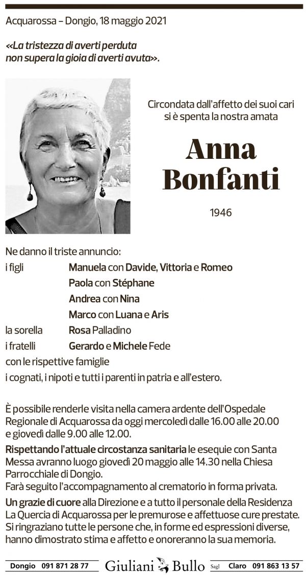 Annuncio funebre Anna Bonfanti