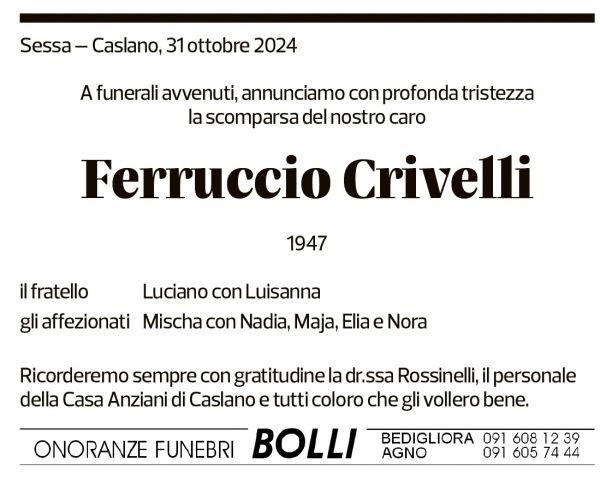 Annuncio funebre Ferruccio Crivelli