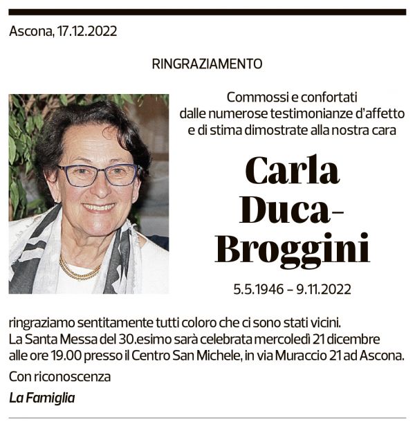 Annuncio funebre Carla Duca-broggini