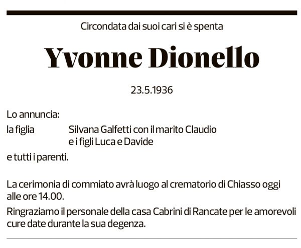 Annuncio funebre Yvonne Dionello