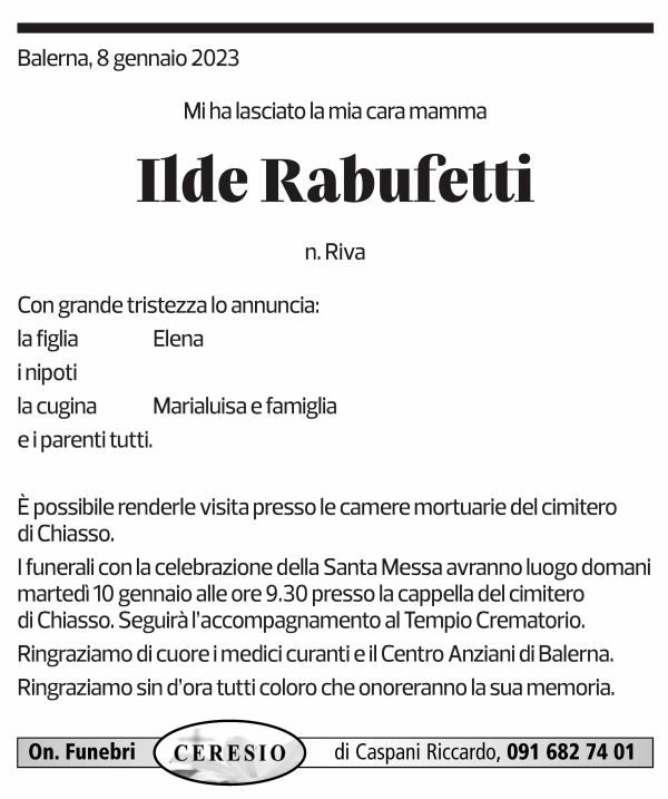 Annuncio funebre Ilde Rabufetti