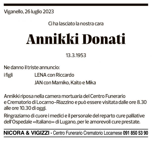 Annuncio funebre Annikki Donati