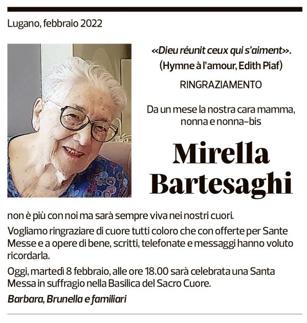 Annuncio funebre Mirella Bartesaghi