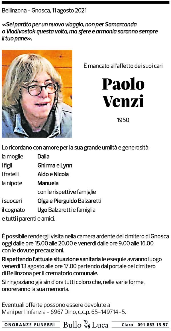 Annuncio funebre Paolo Venzi